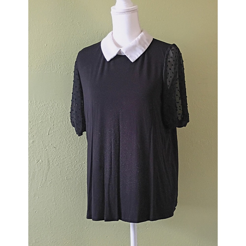 Dark Moody Office Siren Abstract Print Blouse Swiss Dot Collar Top Black White L - Picture 5 of 7